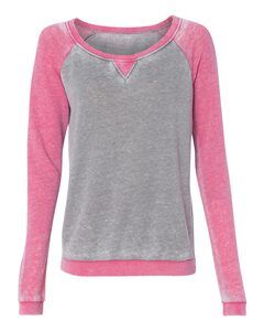 J. America 8927 - Ladies' Zen Fleece Raglan Sleeve Crewneck Sweatshirt Cement/ Wildberry