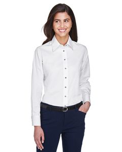 Harriton M500W - Ladies Easy Blend Long-Sleeve Twill Shirt with Stain-Release Blanco