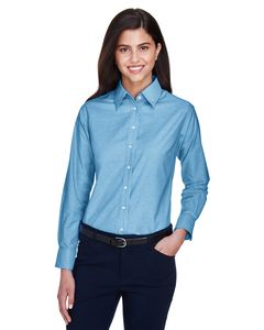 Harriton M600W - Ladies Long-Sleeve Oxford with Stain-Release Azul Cielo
