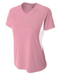 A4 NW3223 - Ladies Color Block Performance V-Neck Shirt Rosa / blanco