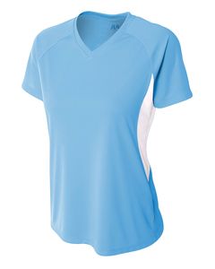 A4 NW3223 - Ladies Color Block Performance V-Neck Shirt Lt Blue/White